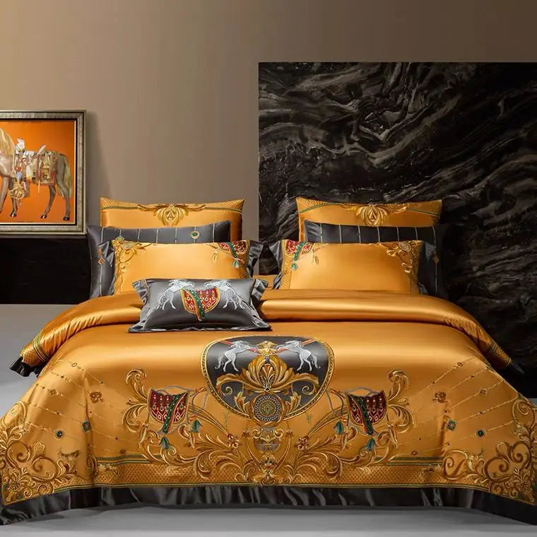 European Aristocratic Gold Brocade Bedding Set – Vintage Embroidery, Egyptian Cotton