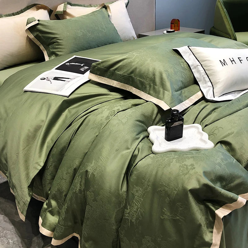 Ink Painting Jacquard Bedding Set – 1000TC Egyptian Cotton Satin, 4 Pieces