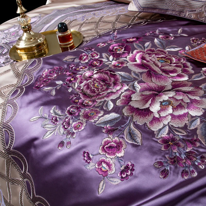 European Palace Style Bedding Set – Purple Floral Embroidery, Brocade Egyptian Cotton