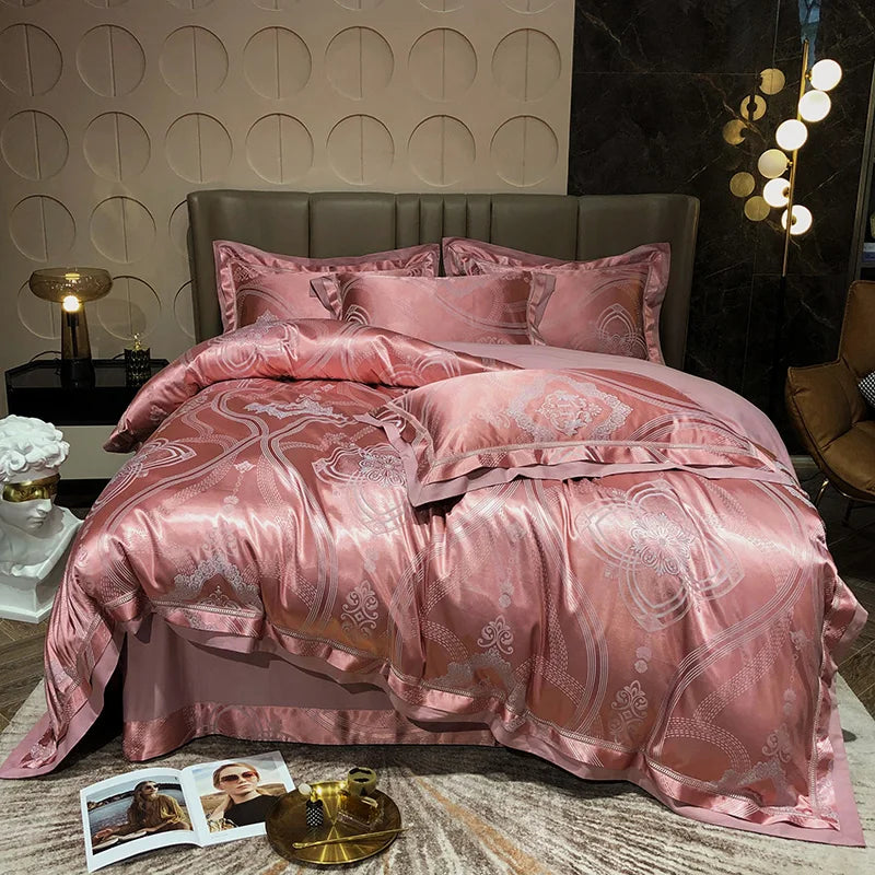 Luxury Satin Jacquard Cotton Bedding Set – Blue/Gold/Gray, Queen/King Size