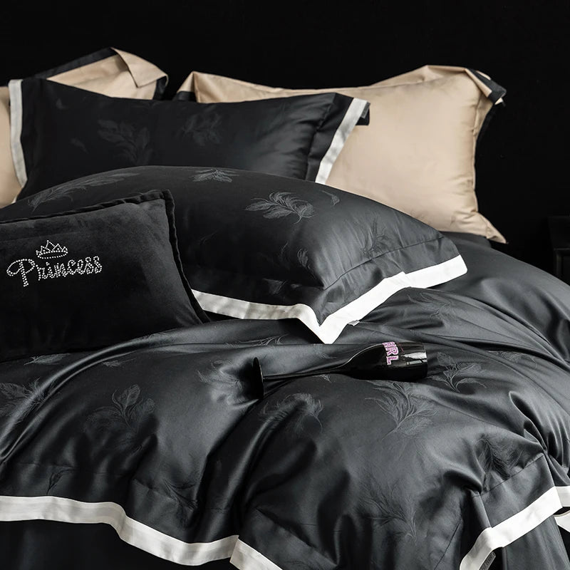 Blue & Black Luxury Jacquard Bedding Set – 1000TC Egyptian Cotton Satin