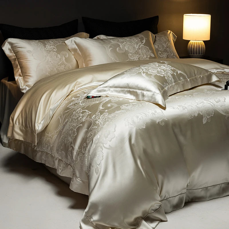 Champagne Gold Silk Jacquard Cotton Bedding Set – European Luxury Style