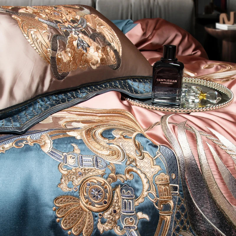 Gorgeous European Palace Style Bedding Set – Gold Embroidery Brocade, Egyptian Cotton, 4/6/10 Pieces