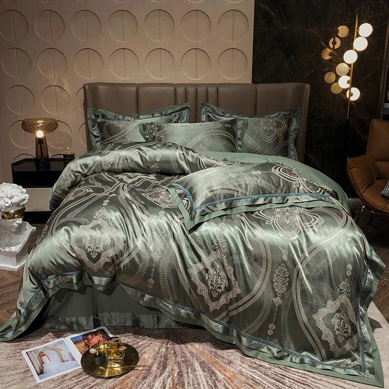 Luxury Satin Jacquard Cotton Bedding Set – Blue/Gold/Gray, Queen/King Size