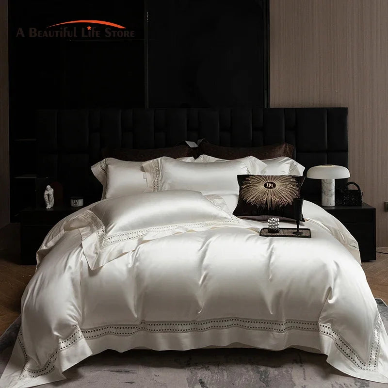 1000TC Egyptian Cotton Luxury Bedding Set – Hollow Wide Edge Satin, 4 Pieces (No Fillers)