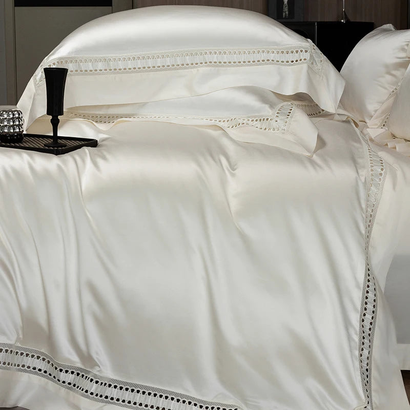 1000TC Egyptian Cotton Luxury Bedding Set – Hollow Wide Edge Satin, 4 Pieces (No Fillers)