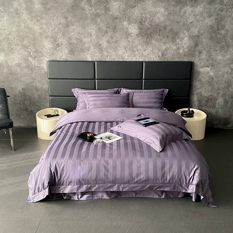 Elegant Purple Floral Jacquard Egyptian Cotton Bedding Set – Luxury Satin Finish
