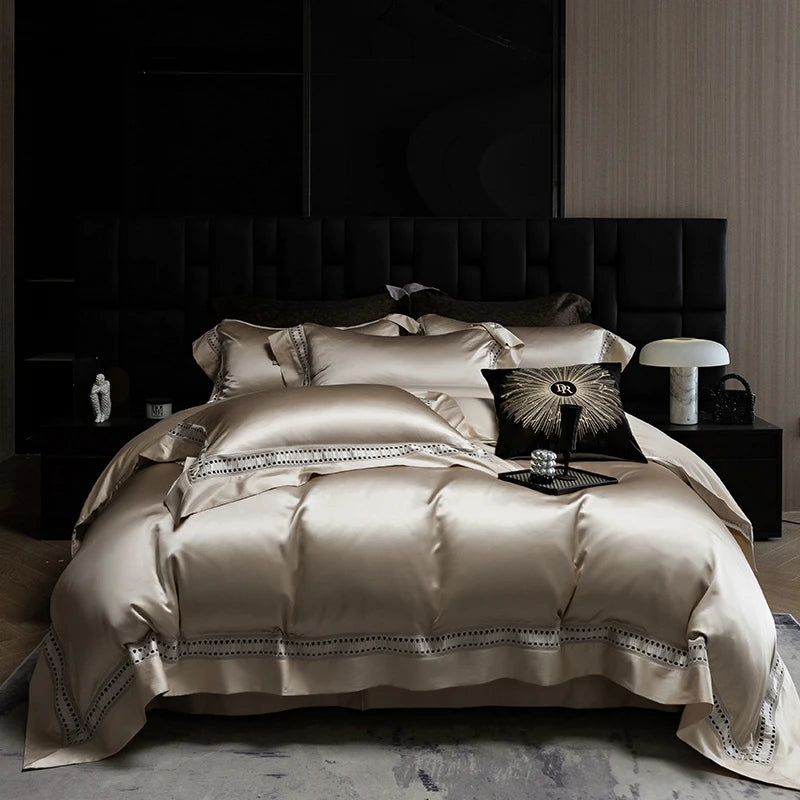 1000TC Egyptian Cotton Luxury Bedding Set – Hollow Wide Edge Satin, 4 Pieces (No Fillers)