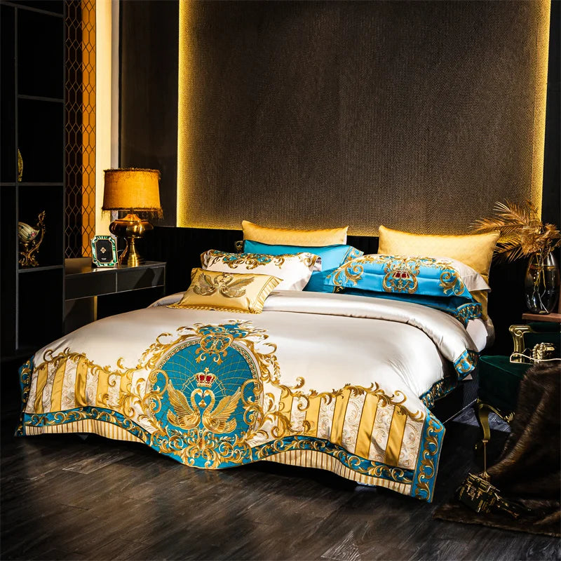 Gold & Blue European Embroidered Brocade Bedding Set – 1200TC Egyptian Cotton, 4/6/9 Pieces