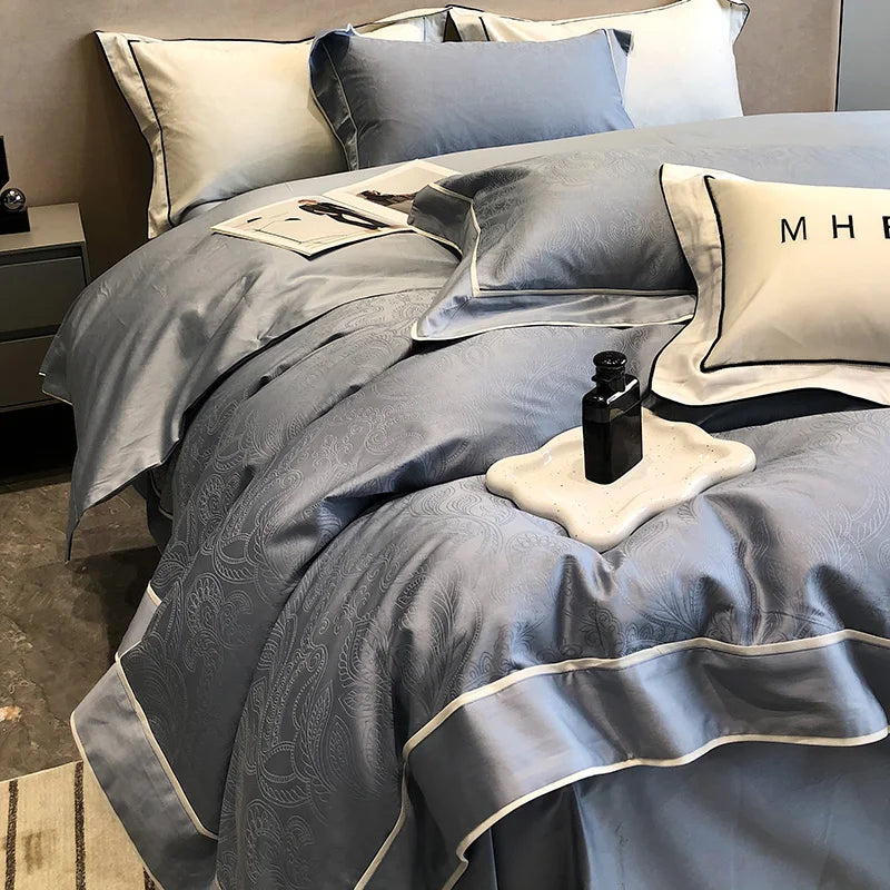 Luxury Satin Jacquard & Egyptian Cotton Patchwork Bedding Set – 4 Pieces