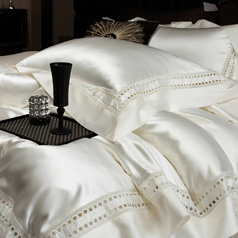 1000TC Egyptian Cotton Luxury Bedding Set – Hollow Wide Edge Satin, 4 Pieces (No Fillers)
