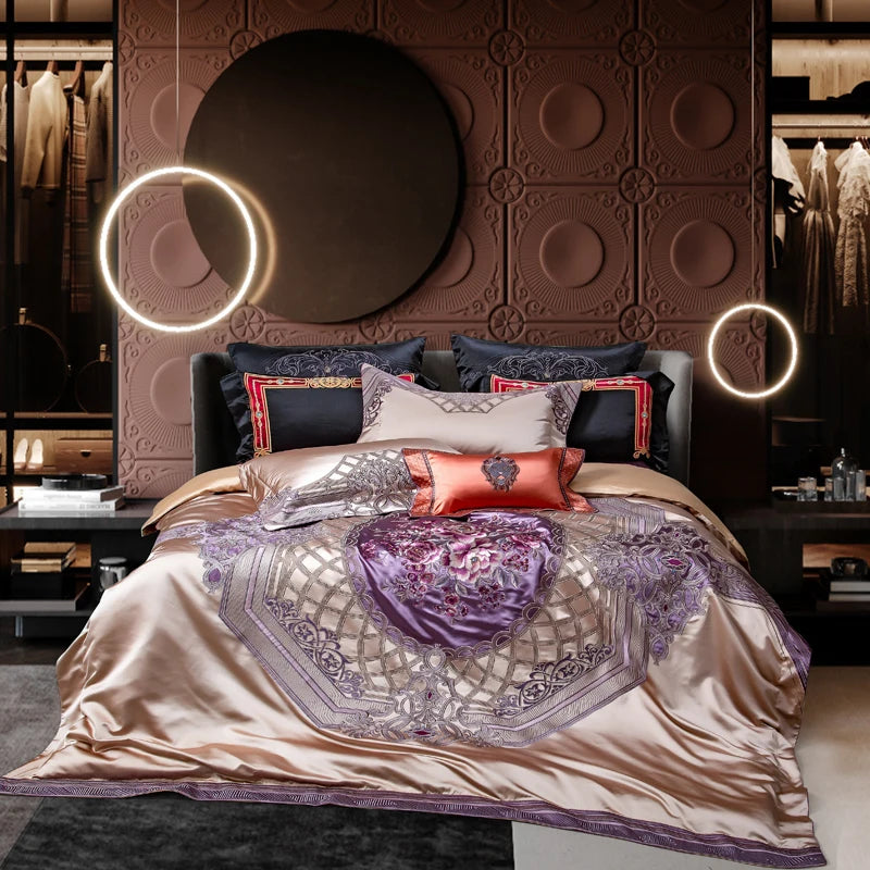 European Palace Style Bedding Set – Purple Floral Embroidery, Brocade Egyptian Cotton