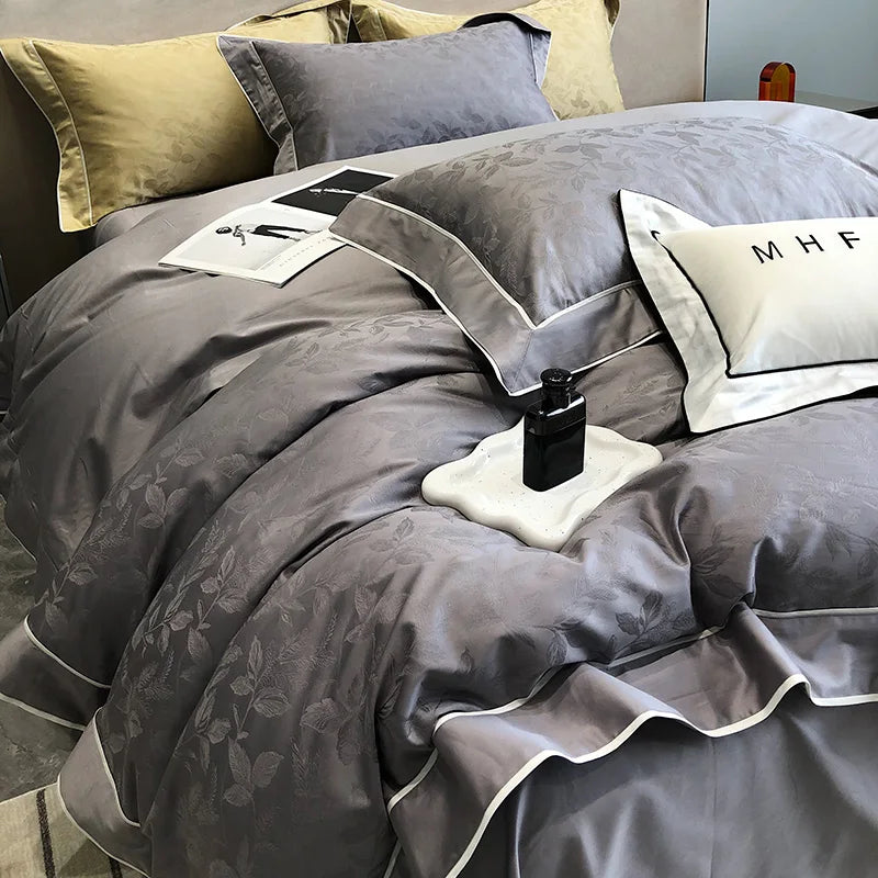Luxury Satin Jacquard & Egyptian Cotton Patchwork Bedding Set – 4 Pieces
