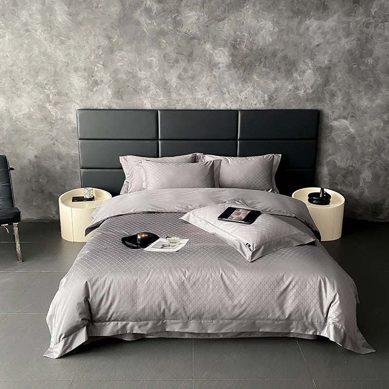 Elegant Purple Floral Jacquard Egyptian Cotton Bedding Set – Luxury Satin Finish