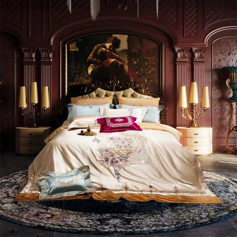 Champagne Gold European Palace Floral Embroidery Bedding Set – Brocade Egyptian Cotton