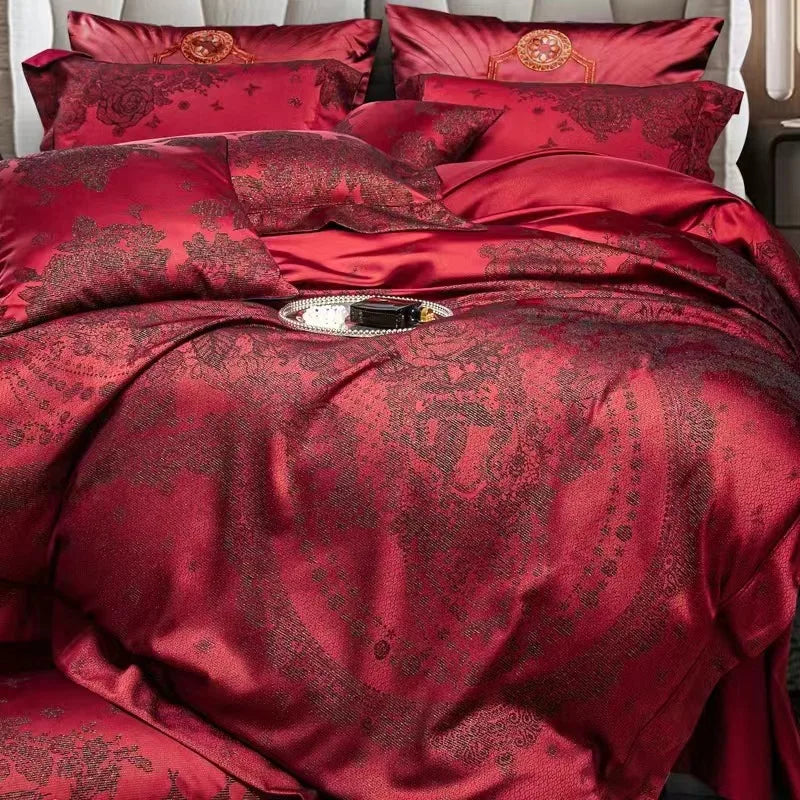 Burgundy Red Luxury Yarn-Dyed Jacquard Bedding Set – 5 Pieces with Decorative Pillow