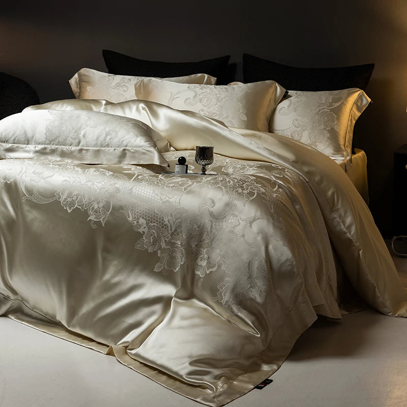 Champagne Gold Silk Jacquard Cotton Bedding Set – European Luxury Style