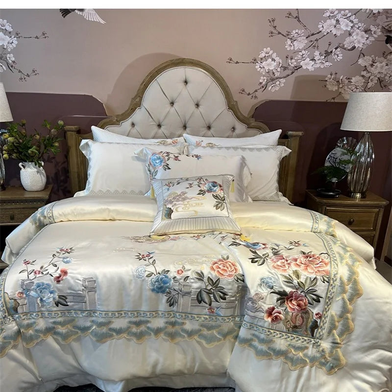 Peony Embroidered Brocade Bedding Set – High Precision Egyptian Cotton