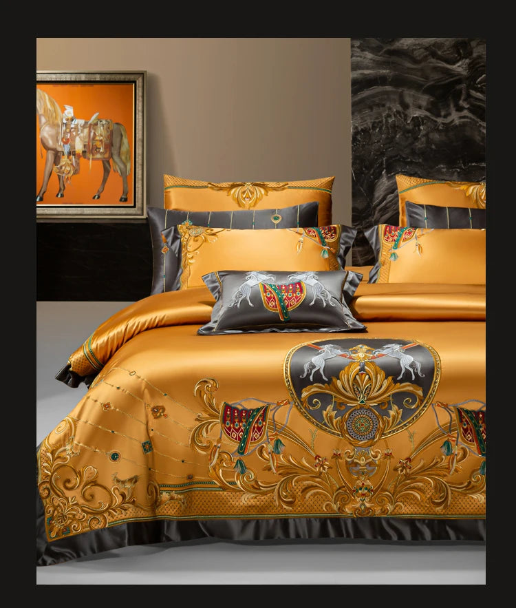 European Aristocratic Gold Brocade Bedding Set – Vintage Embroidery, Egyptian Cotton