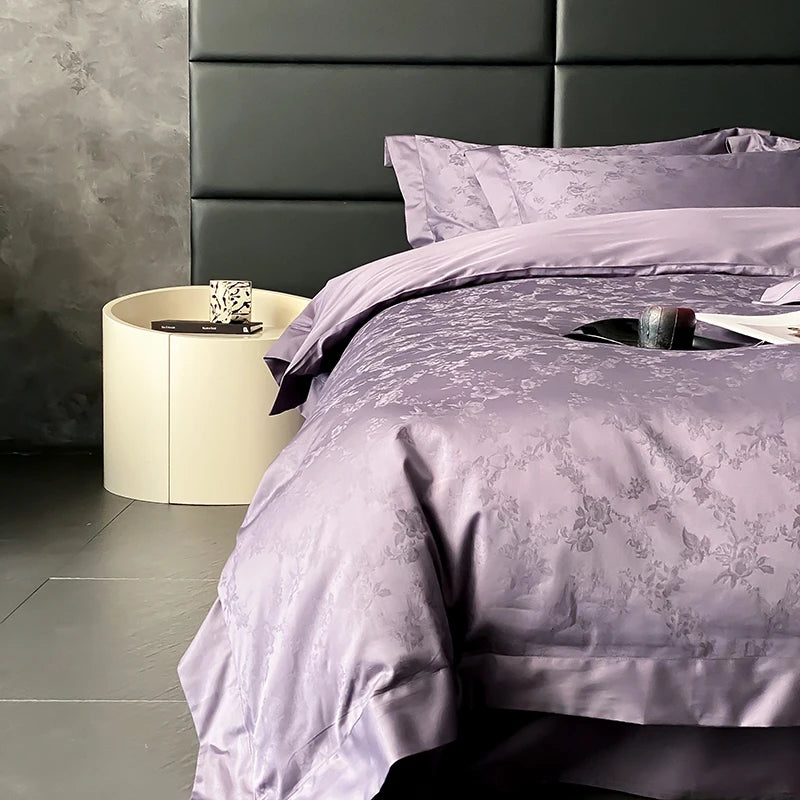 Elegant Purple Floral Jacquard Egyptian Cotton Bedding Set – Luxury Satin Finish