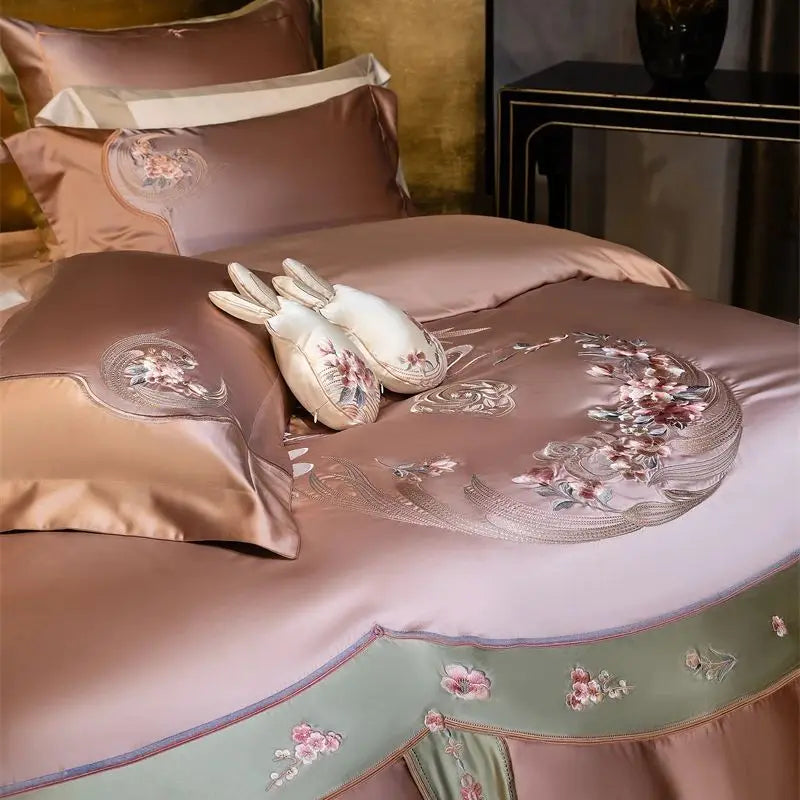 New Chinese Style Floral Embroidery Bedding Set – Brocade Egyptian Cotton, 4/6/10 Pieces