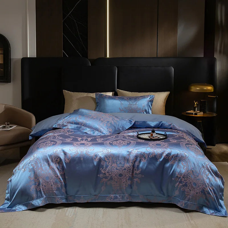 Luxury Satin Jacquard & 60S Cotton Patchwork Bedding Set – 4 Pieces