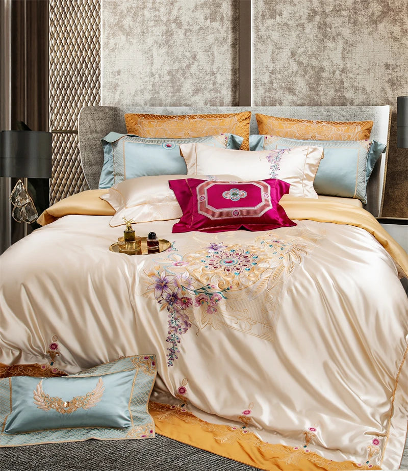 Champagne Gold European Palace Floral Embroidery Bedding Set – Brocade Egyptian Cotton
