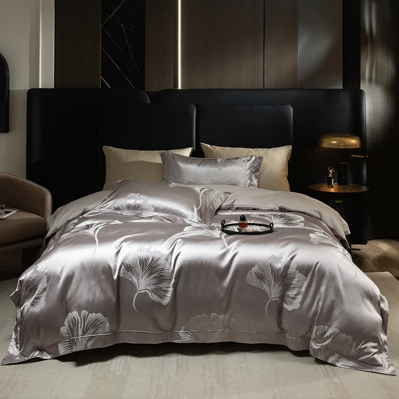 Luxury Satin Jacquard & 60S Cotton Patchwork Bedding Set – 4 Pieces