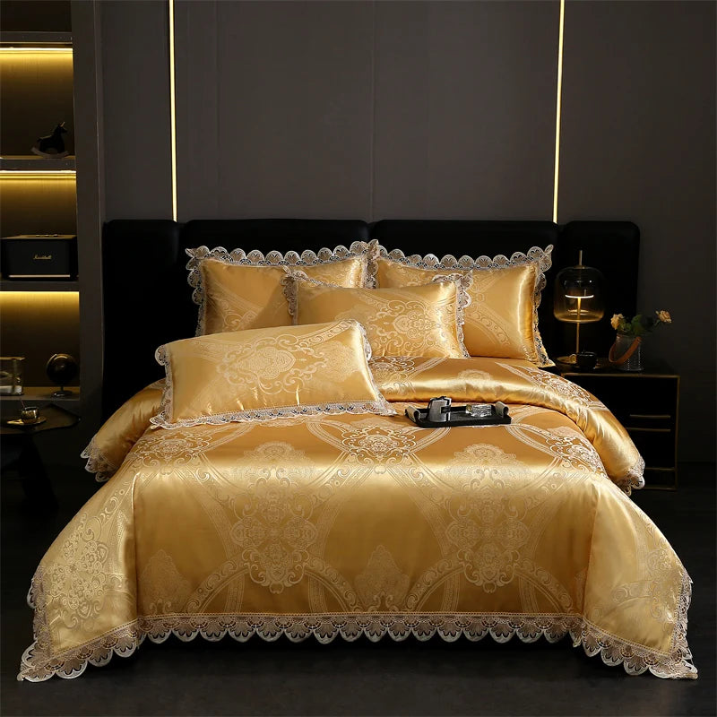 Golden Satin Jacquard Bedding Set