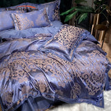 Luxury Satin Jacquard Cotton Bedding Set – Blue/Gold/Gray, Queen/King Size