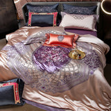 European Palace Style Bedding Set – Purple Floral Embroidery, Brocade Egyptian Cotton