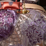 European Palace Style Bedding Set – Purple Floral Embroidery, Brocade Egyptian Cotton