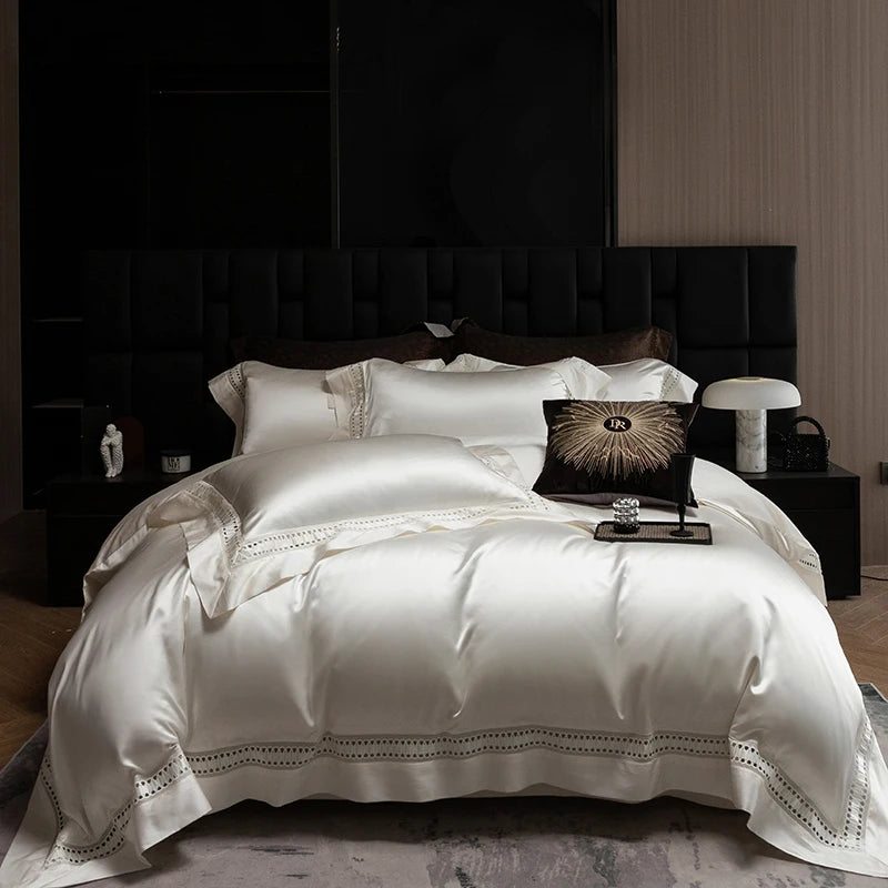 1000TC Egyptian Cotton Luxury Bedding Set – Hollow Wide Edge Satin, 4 Pieces (No Fillers)