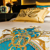Gold & Blue European Embroidered Brocade Bedding Set – 1200TC Egyptian Cotton, 4/6/9 Pieces