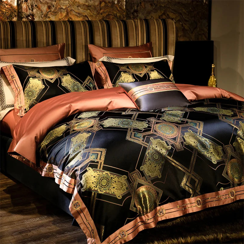 European Luxury Black & Gold Embroidered Brocade Bedding Set – Jacquard Egyptian Cotton, 4/6/10 Pieces