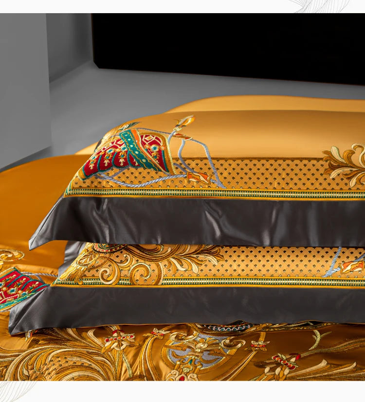 European Aristocratic Gold Brocade Bedding Set – Vintage Embroidery, Egyptian Cotton