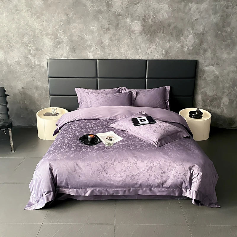 Elegant Purple Floral Jacquard Egyptian Cotton Bedding Set – Luxury Satin Finish
