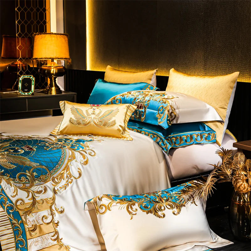 Gold & Blue European Embroidered Brocade Bedding Set – 1200TC Egyptian Cotton, 4/6/9 Pieces