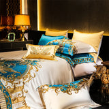 Gold & Blue European Embroidered Brocade Bedding Set – 1200TC Egyptian Cotton, 4/6/9 Pieces