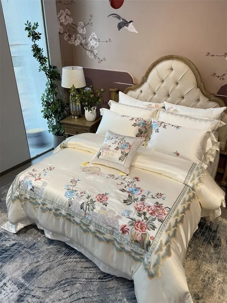 Peony Embroidered Brocade Bedding Set – High Precision Egyptian Cotton