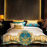 Gold & Blue European Embroidered Brocade Bedding Set – 1200TC Egyptian Cotton, 4/6/9 Pieces