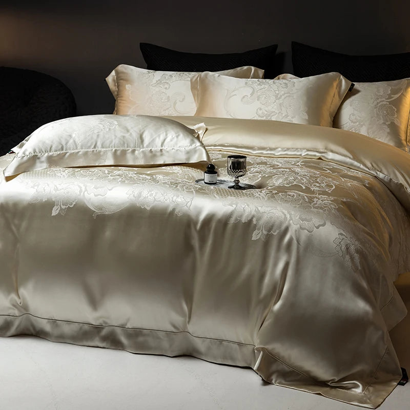 Champagne Gold Silk Jacquard Cotton Bedding Set – European Luxury Style