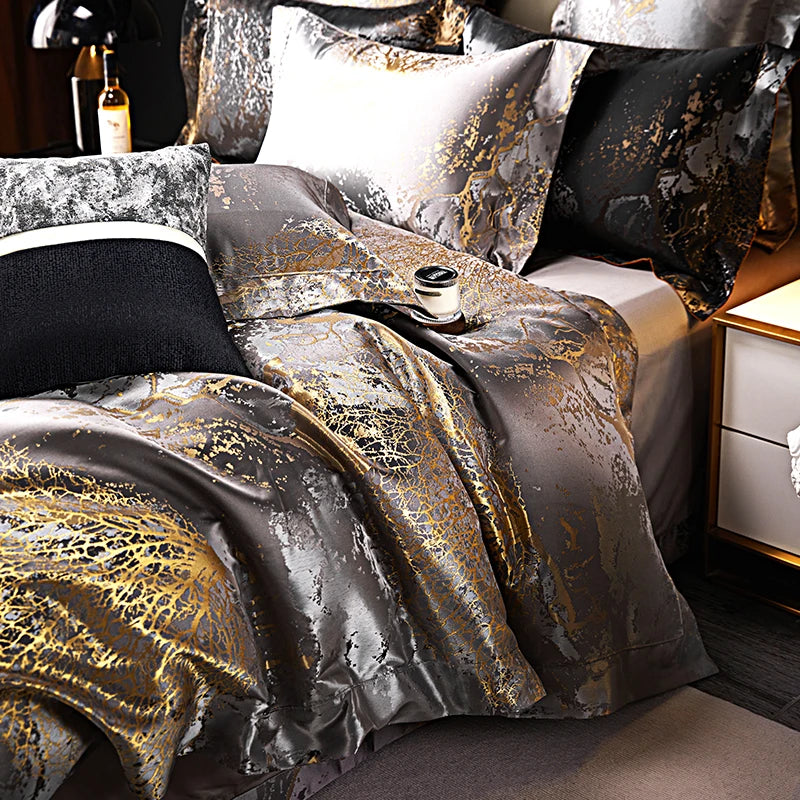 Silver Gray & Gold Satin Jacquard Bedding Set – 1000TC Egyptian Cotton, Queen/King Size
