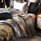 Silver Gray & Gold Satin Jacquard Bedding Set – 1000TC Egyptian Cotton, Queen/King Size