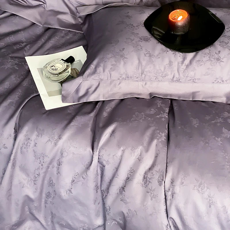 Elegant Purple Floral Jacquard Egyptian Cotton Bedding Set – Luxury Satin Finish