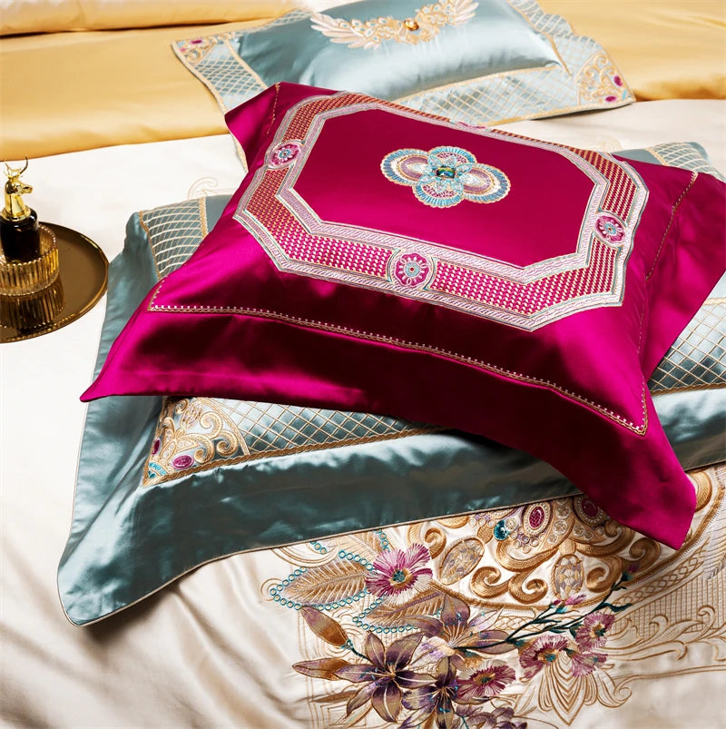 Champagne Gold European Palace Floral Embroidery Bedding Set – Brocade Egyptian Cotton
