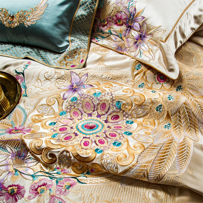 Champagne Gold European Palace Floral Embroidery Bedding Set – Brocade Egyptian Cotton
