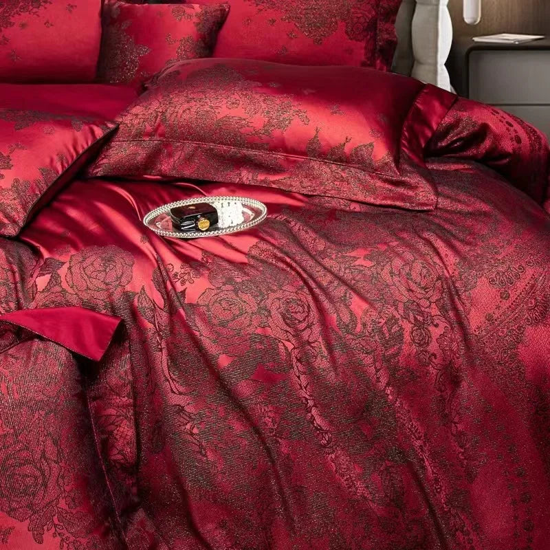 Burgundy Red Luxury Yarn-Dyed Jacquard Bedding Set – 5 Pieces with Decorative Pillow