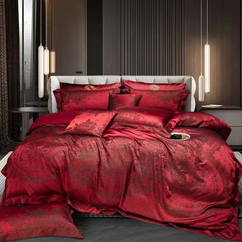 Burgundy Red Luxury Yarn-Dyed Jacquard Bedding Set – 5 Pieces with Decorative Pillow