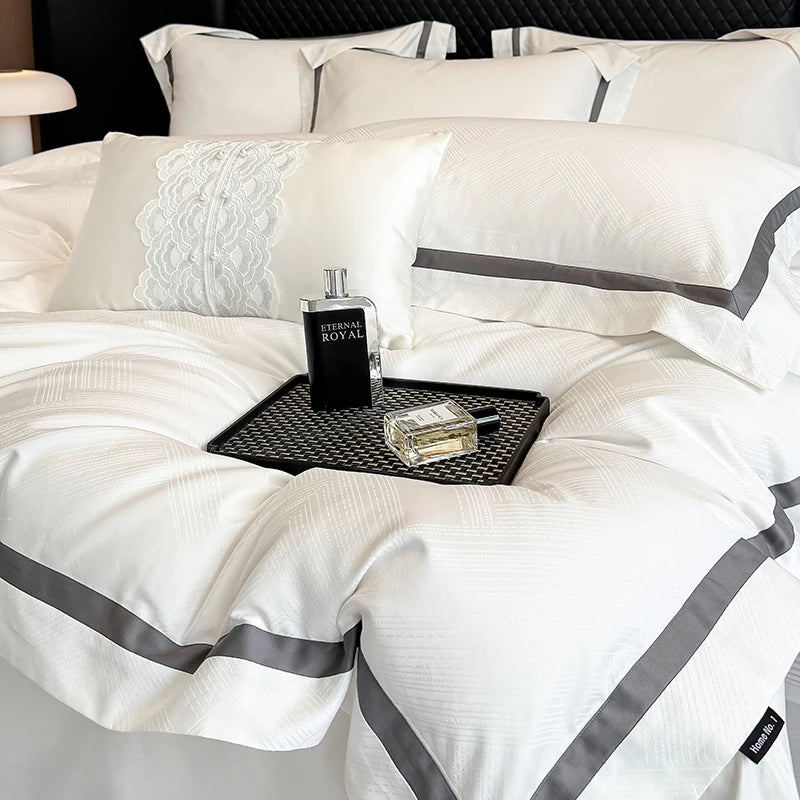 Luxury 600TC Egyptian Cotton Satin Jacquard Bedding Set – Silky Finish, 4 Pieces